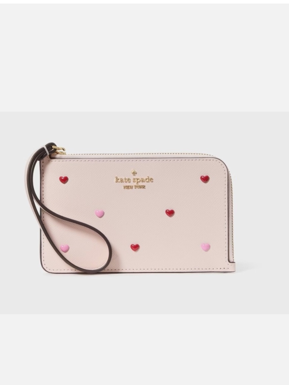 NWT kate spade pale pink wristlet with red and light pink heart studs